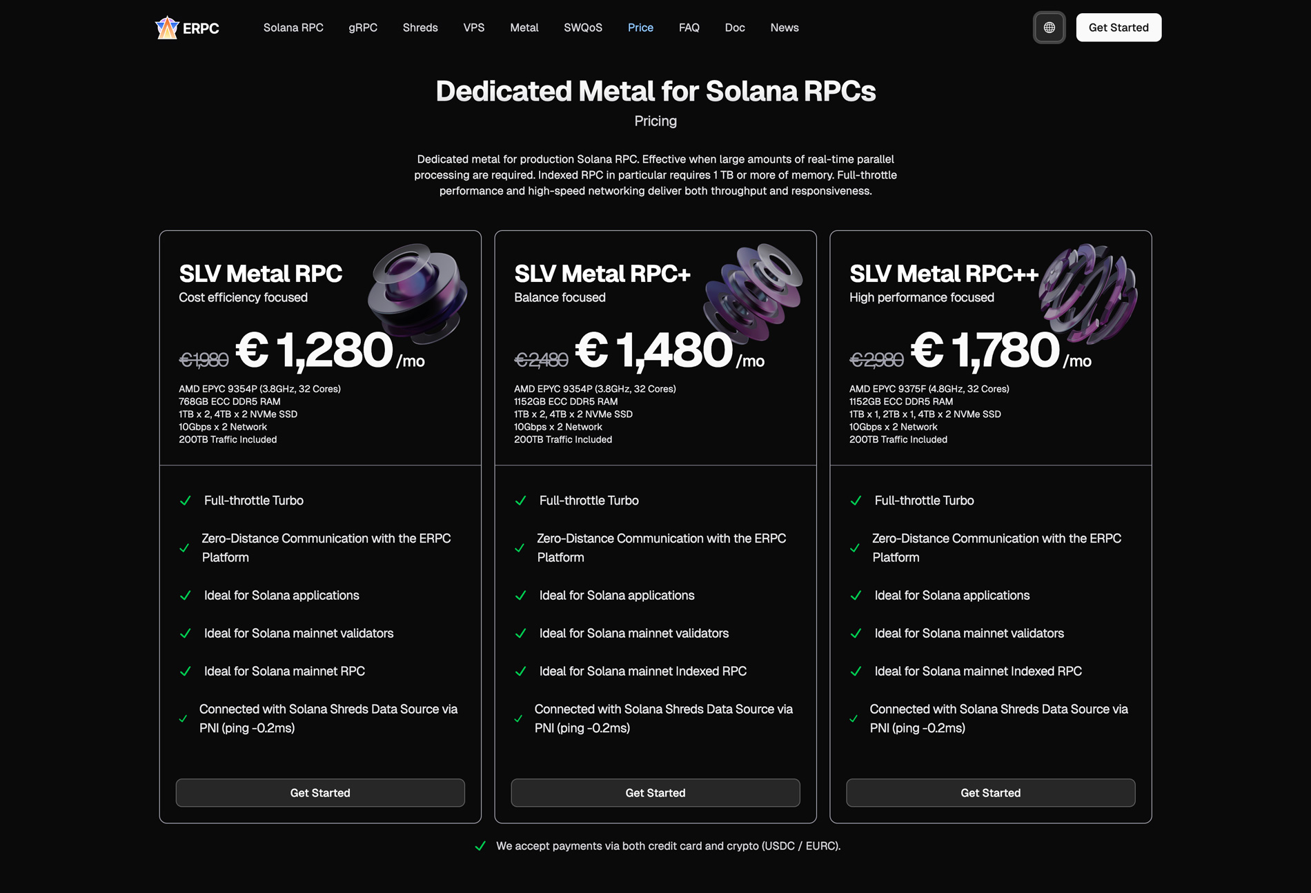 Dedicated Metal for Solana RPCs Price List